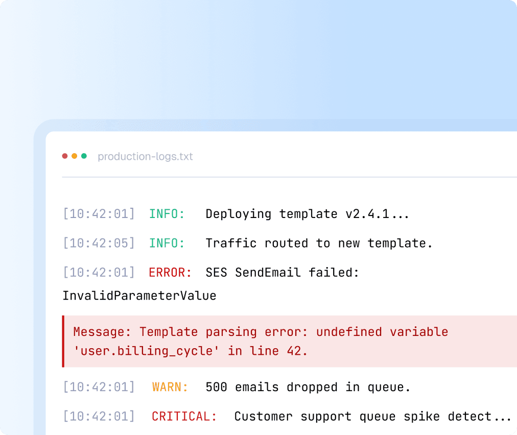 Developer console showing a failed transactional email